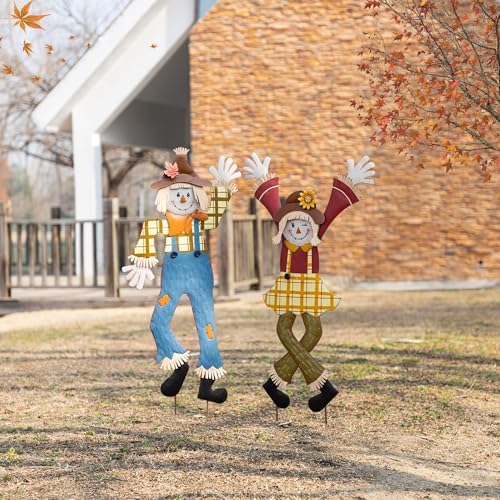 Glitzhome Fall Outdoor Decorations,Fall Thanksgiving Metal Scarecrow Garden Stakes,36"H Cheerful Scarecrows Yard Signs,Fall Scarecrow Yard Stakes for Patio Pathway Autumn Harvest Decorations, Set of 2 - Image 3