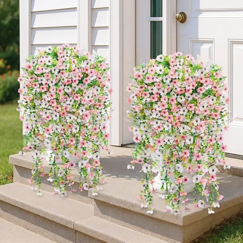 Artificial Flowers for Outdoors,8PCS Hanging Outdoor Faux Plants,UV Resistant Fake Flowers for Outdoor Planters,Realistic Fake Plants Spring Decor for Porch,Patio,Yard (PinkWhite) - Image 6