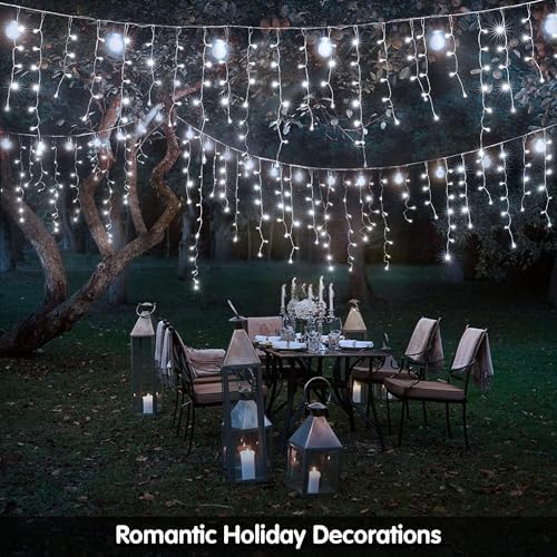 KiflyTooin Solar Christmas Lights Outdoor Waterproof Christmas Decorations Curtain Lights 320LED 29.5ft 60 Drops, Solar Powered Rechargeable Fairy Lights for Party, Wedding, Home Decorations(White) - Image 2