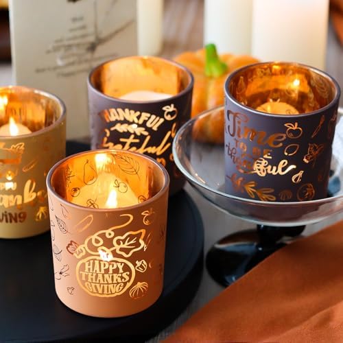 SHMILMH Glass Votive Candle Holders 4PCS Thanksgiving Tealight Candle Holders for Fall Table Centerpiece, Thanksgiving Decorations Indoor or Outdoor D?or - Image 5