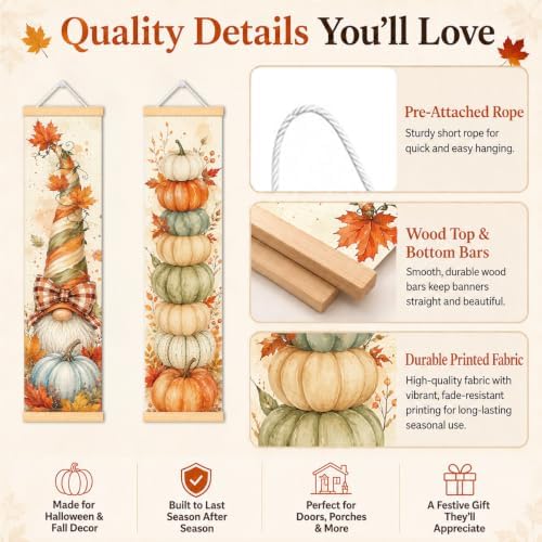 Fall Gnome Pumpkin Door Banner Set of 2, Watercolor Porch Decor for Home - Image 3