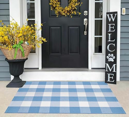 Light Blue and White Layered Doormat 27.5"x43.3",Buffalo Plaid Outdoor Rug - Image 4
