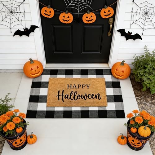 SEEKSEE Happy Halloween Decor Doormat Set, Thick Coco Coir Door Mat + Black and White Buffalo Plaid Rug, Outdoor Layered Mat for Front Door Non-Slip Backing Floor Mat for Porch - Image 4