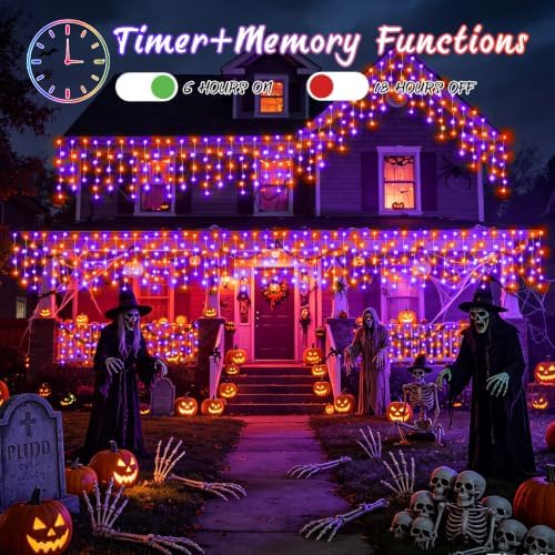 XURISEN Halloween Lights Outdoor, 66FT 640 LED Orange Purple Halloween String Lights with 120 Drops, 8 Modes Timer Memory Function Hanging Curtain Lights for Halloween Decorations Holiday Party Eaves - Image 2