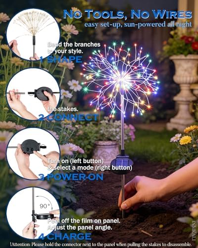 Solar Garden Lights Outdoor Yard Decorations, 4 Pack 150Leds Pathway Light, Fairy Firework Stake Lights for Garden, Patio, Pathway, Flowerbed Multicolor - Image 5