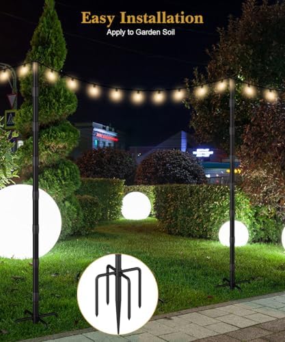 10Ft String Light Poles for Grass & Soil, Outdoor Light Stand with 5-Prong Fork Base, Heavy-Duty Metal Poles for Backyard, Garden & Patio Party Lighting, Rustproof & Adjustable, 2 Pack - Image 4