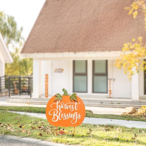 Glitzhome 24" H Fall Pumpkin Outdoor Decor, Metal Pumpkins Outdoor Decor, Fall Harvest Blessings Yard Stake Sign for Garden, Lawn, or Porch, Thanksgiving Autumn Metal Pumpkins Decoration by Glitzhome