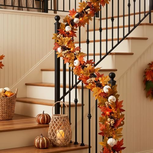 MUMTOP Lighted Fall Garland Maple Pumpkins, 6FT Thanksgiving Harvest Decor - Image 4