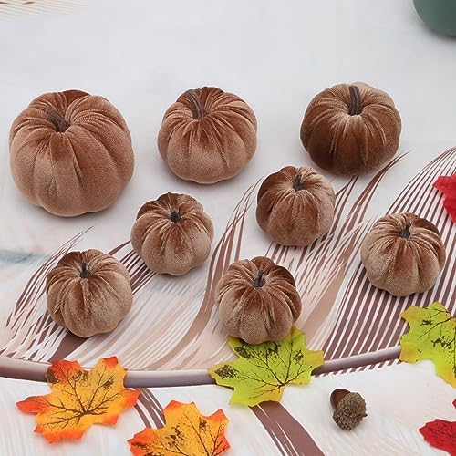 Woration 8pcs Artificial Velvet Brown & Champagne Fabric Pumpkins Decor - Image 6
