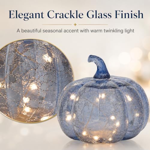 Indigo Blue Crackle Glass Pumpkin Light with 2 Lighting Modes and 6-Hour Timer, 5.5 x 6 Inch Battery Operated Fall Decor for Halloween, Thanksgiving and Christmas - Image 3