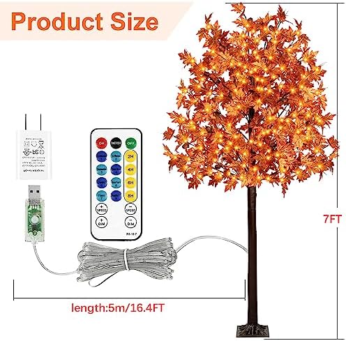 7FT 170 LED Lighted Maple Tree - Thanksgiving Decor Artificial Fall Tree with 17 Branches, 17 Acorns 340 Leaves, Remote 8 Flashing Modes, Timing, DC 5V Safe for Outdoor Wedding Party Autumn Decor - Image 3