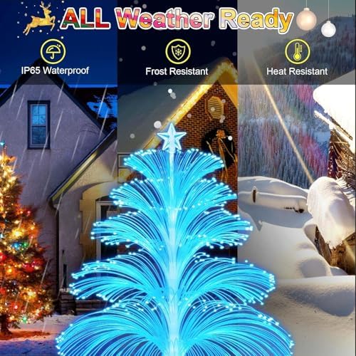 Solar Christmas Decorations Trees Lights Outdoor Waterproof Solar Christmas Tree Jellyfish Lights 5 Layer Optical Fiber 7 Color Changing for Pathway Lawn Patio Outside Decorative, 3PCS - Image 3