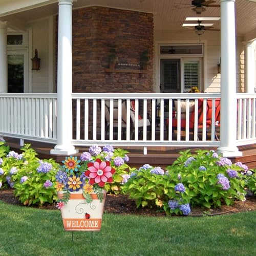 hogardeck Garden Decor for Outside, Metal Flower Pot Decorative Garden Stakes with Flowers for Spring Decor, Yard Art Welcome Sign for Outdoor Garden Lawn Backyard Porch Patio Decorations - Image 6
