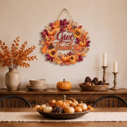 Yalikop Thanksgiving Door Sign Wreath Wooden Fall Give Thanks Hanging Sign Autumn 3D Hollow Maple Leaf Pumpkin Front Door Hanger Wall Decor for Harvest Porch Indoor Outdoor Home Decorations - Image 4