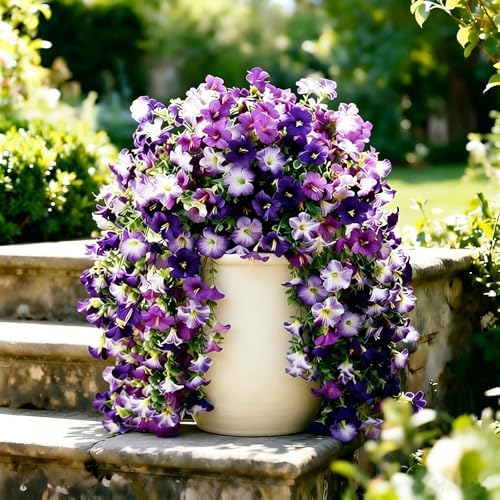 Artificial Hanging Flowers for Outdoors Spring Summer Decoration, 2 PCS Faux Silk Morning Glory Flowers UV Resistant Artificial Hanging Plants Realistic Long Vines for Garden Porch Patio (Purple) - Image 5