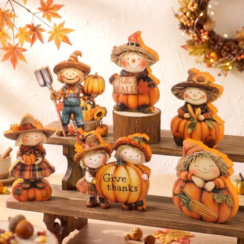 Vicenpal 6 Pieces Fall Decor Wooden Scarecrow Pumpkin Figurines Rustic Autumn Harvest Tabletop Decoration for Thanksgiving Home Kitchen Centerpiece, Shelf Sitter Holiday Display by Vicenpal