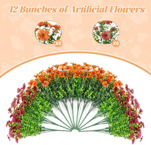 Fall Mums Artificial Flowers for Outdoors Potted, 12 Bundles Fake Fall Daisy Flower with Realistic Eucalyptus Leaves, Fake Plants for Greenery Boxwood Porch Patio Garden Pot Courtyard(Orange Brown) - Image 4
