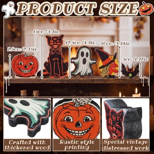 Gerrii 5 Pcs Vintage Halloween Wooden Tabletop Decoration, Retro Characters - Image 2