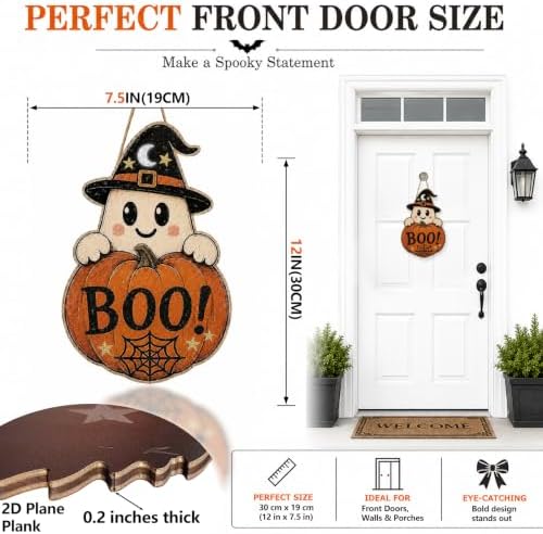 Halloween Decoration Door Sign Wooden Witch Hat Ghost Boo Pumpkin Hanging - Image 2