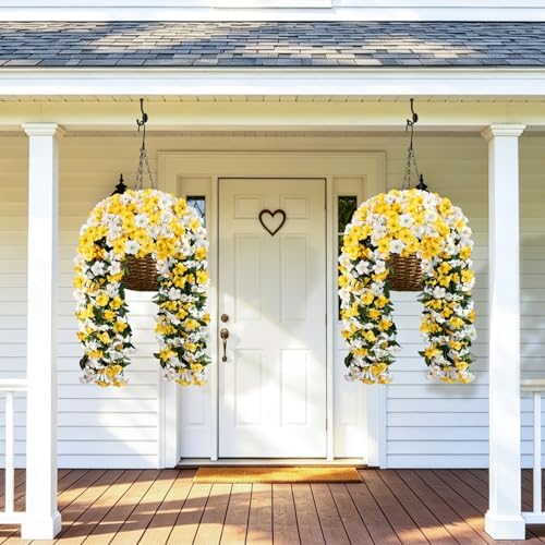 Artificial Hanging Flowers for Outdoors, 4 PCS 544 Blooms UV Resistant Morning Glory Faux Silk Vines, No-Odor Realistic Fake Plants for Garden Planter Porch Patio Decoration, Yellow White - Image 7