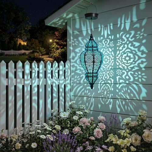 Moroccan Hanging Solar Lights Outdoor Lantern Bidirectional Availabili Garden Decor Waterproof Plastic Blue Decorations for Patio Pathway Yard Backyard Solar Powered Garden Decorative (Black, 2) - Image 5