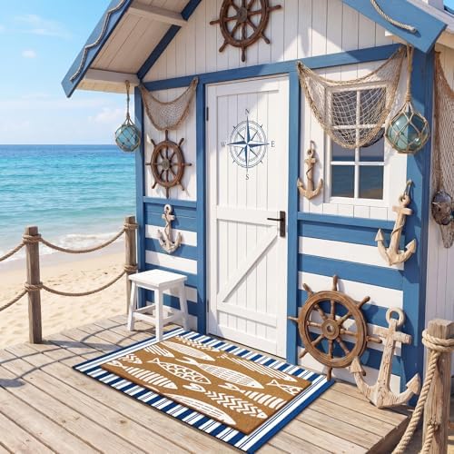 Drydiet Beach Welcome Door Mat Outdoor, Fish Non Slip Front Porch Rug, Blue - Image 5