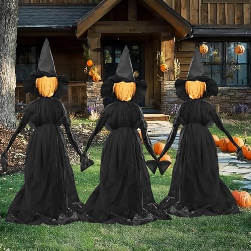 TW SHINE Halloween Witch Decorations Outdoor, 5 FT Set of 3 Holding Hands Witches Stakes with Glowing Face, Lighted Halloween Decor for Party Yard Lawn Porch Garden Haunted House Props - Image 2