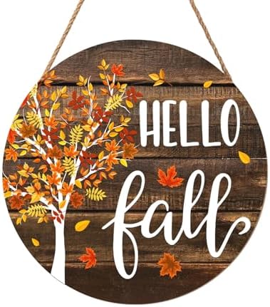 Hello Fall Wreath for Front Door Fall Tree Welcome Door Sign 12x12 Inch Autumn Maple Leaves Wood Door Hanger Farmhouse Thanksgiving Hanging Plaque for Home Porch Wall Indoor Outdoor Decorations by welcometoourhome