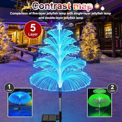 Solar Christmas Decorations Trees Lights Outdoor Waterproof Solar Christmas Tree Jellyfish Lights 5 Layer Optical Fiber 7 Color Changing for Pathway Lawn Patio Outside Decorative, 3PCS - Image 4