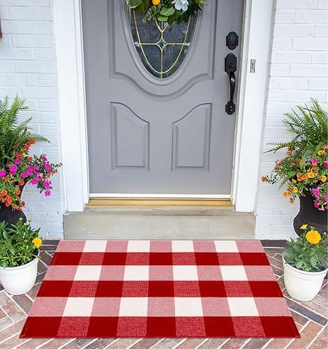 Red and White Front Door Mat 24"x35"Buffalo Plaid Christmas Outdoor Rug - Image 7