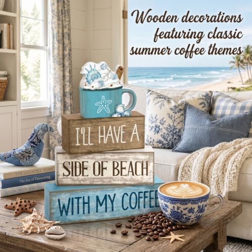 Lineshading 4 Pcs Beach Coastal Wooden Block Signs with Coffee Cup Summer - Image 3