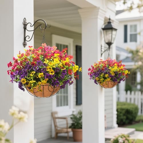 Grunyia Artificial Hanging Flowers Basket with Colorful Silk Daisies & Eucalyptus - UV/Sun-Resistant Plant for Outdoor Porch, Patio, Balcony - Indoor/Outdoor Home Decor - Image 4