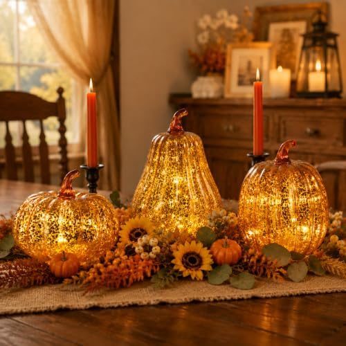Bdor Mercury Glass Pumpkin Light, Fall Harvest Thanksgiving Halloween Decor - Image 4