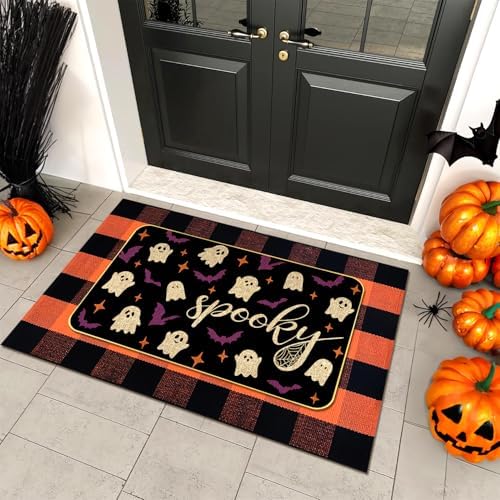 Halloween Outdoor Rug Set, Boo Door Mat 28 x 43 in, 2 Pcs Welcome Mat Set, Halloween Bats Rug, Black Doormat, Halloween Front Porch Doormats, Orange and Black Buffalo Plaid Mats for Outdoor Decor by Unknown