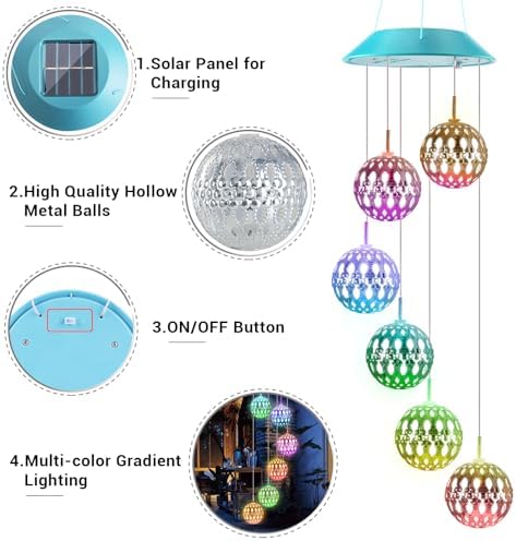 Solar Wind Chimes Outdoor,Color Changing Moroccan Ball Gift for Mom Grandma - Image 3