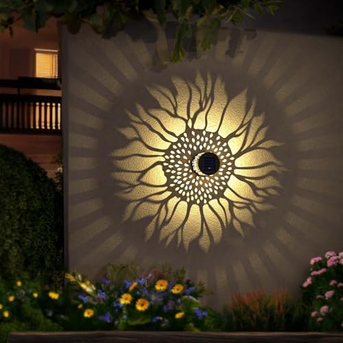 Hapjoy Solar Fence Lights 2 Pack Outdoor Deck Step Wall Lights Metal Waterproof LED Warm Yellow Light for Garden Post Patio Backyard Yard Decor (Sunflower, 2) - Image 5