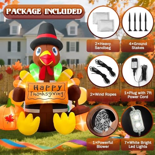 Inflatable Turkey Thanksgiving Decorations Outdoor 6FT Giant Blow up Yard Décor Outside Pilgrim Hat with Built-in LED Lights for Happy Fall Holiday Lawn Indoor Autumn Decorations - Image 7