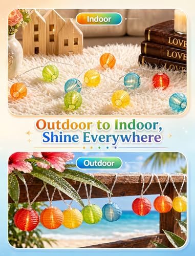 8.5Ft Multicolor Lantern String Lights, Summer Hanging String Lights with 10 Colorful Lanterns, Nylon Lights for Indoor Outdoor Party Decor, White Wire - Image 5