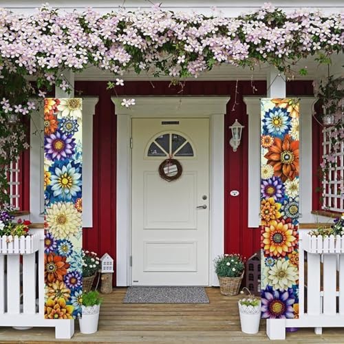 Boho Front Door Hanging Banner Bright Blossom Summer Porch Sign Hanging Flag Porch Sign for Front Door Outdoor Seasonal Holiday Wedding Yard Decor Farmhouse Indoor Wall Backdrop - Image 2