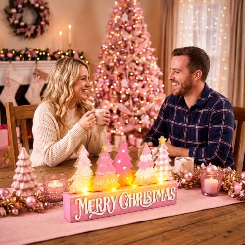 Chunful Lighted Pink Farmhouse Wooden Christmas Tree Tabletop Sign - Image 4