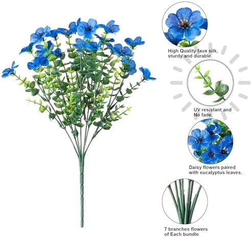HyeFlora Artificial Flowers for Outdoor Indoor Garden Home Decoration, Faux Flower Daisy with Eucalyptus Leaves Fake Plants Greenery Boxwood Porch Patio, 12 Bundles (Blue) - Image 5