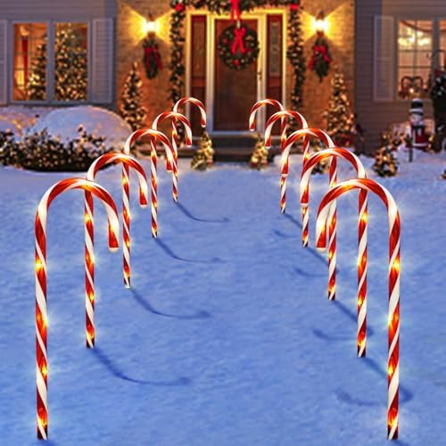 10 Pack Solar Candy Cane Lights, 21 Inch Red Christmas Yard Decorations by Bstge