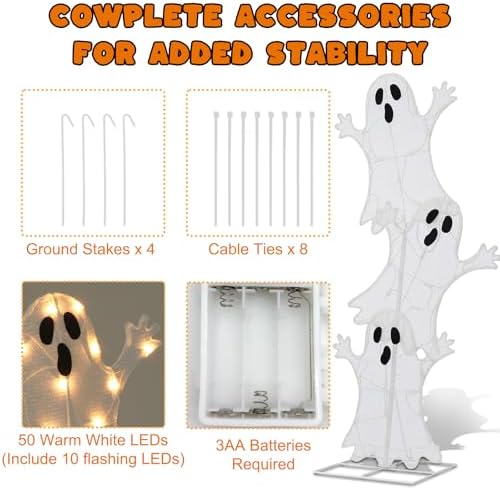 Halloween Lighted Stacked Ghosts Decoration, Pre-Lit with 50 Warm White Lights Spooky Ghosts Lights, Halloween Light Up Ghost for Indoor, Outdoor, Porch, Yard, 42’’ H - Image 5