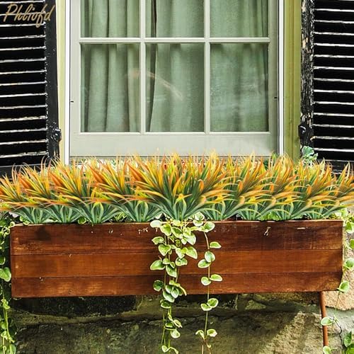 32 Pcs Artificial Grass Fake Plants 17.3in Outdoor Plastic Plants UV Resistant Greenery Fake Grass for Home Window Garden Office Patio Hanging Planter Pathway Front Porch Décor Orange Yellow - Image 4