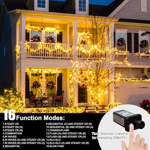 LAMPHOME 99ft Christmas Decorative Mini Lights, 300 LED Transparent Wire Fairy Starry String Light Plug in, 16Lighting Modes for Indoor Outdoor Xmas Tree Wedding Party Decoration (Yellow) - Image 2