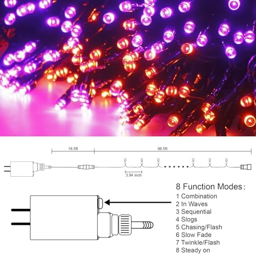 300 LED Halloween String Lights, 98.5FT with 8 Modes, Waterproof, Plug in for Indoor/Outdoor Party Decorations (Purple & Orange) - Image 3