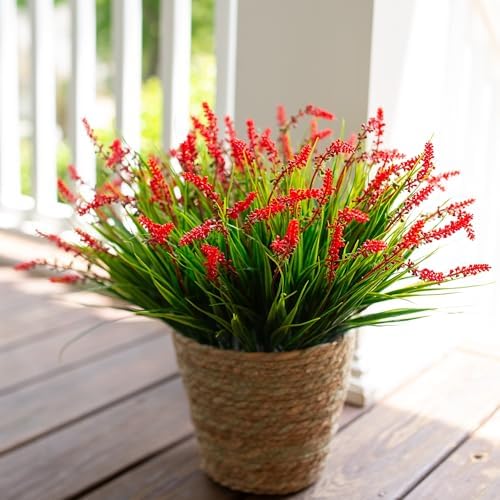 HyeFlora Artificial Fake Flowers Outdoor Plants for Summer Decoration,10 Bundles Faux Plastic Tall Monkey Grass Greenery UV Resistant Realistic Lavender for Home Planter Window Porch Garden-Red - Image 6
