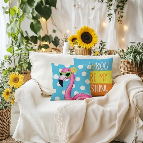 GEEORY Summer Pillow Covers 18x18 Inch Set of 4, Flamingo Sunshine Sweet Summer Seasonal Farmhouse Decorative Throw Pillow Cushion Cases for Sofa G708-18 - Image 6