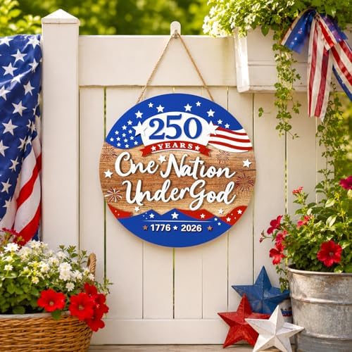 JarThenaAMCS 250th Anniversary Welcome Door Sign Patriotic 3D Wooden Hanging Sign American Flag Fireworks Round Door Hanger for 4th of July Independence Memorial Day Home Wall Decorations, 12 Inch - Image 4