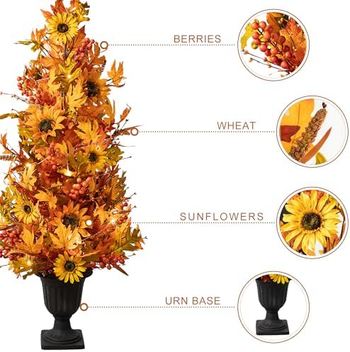 Glitzhome 4FT Lighted Maple Tree, Artificial Fall Autumn Porch Tree with 20 Warm White LEDs & Timer for Autumn Fall Harvest Thanksgiving Christmas Decoration - Image 5